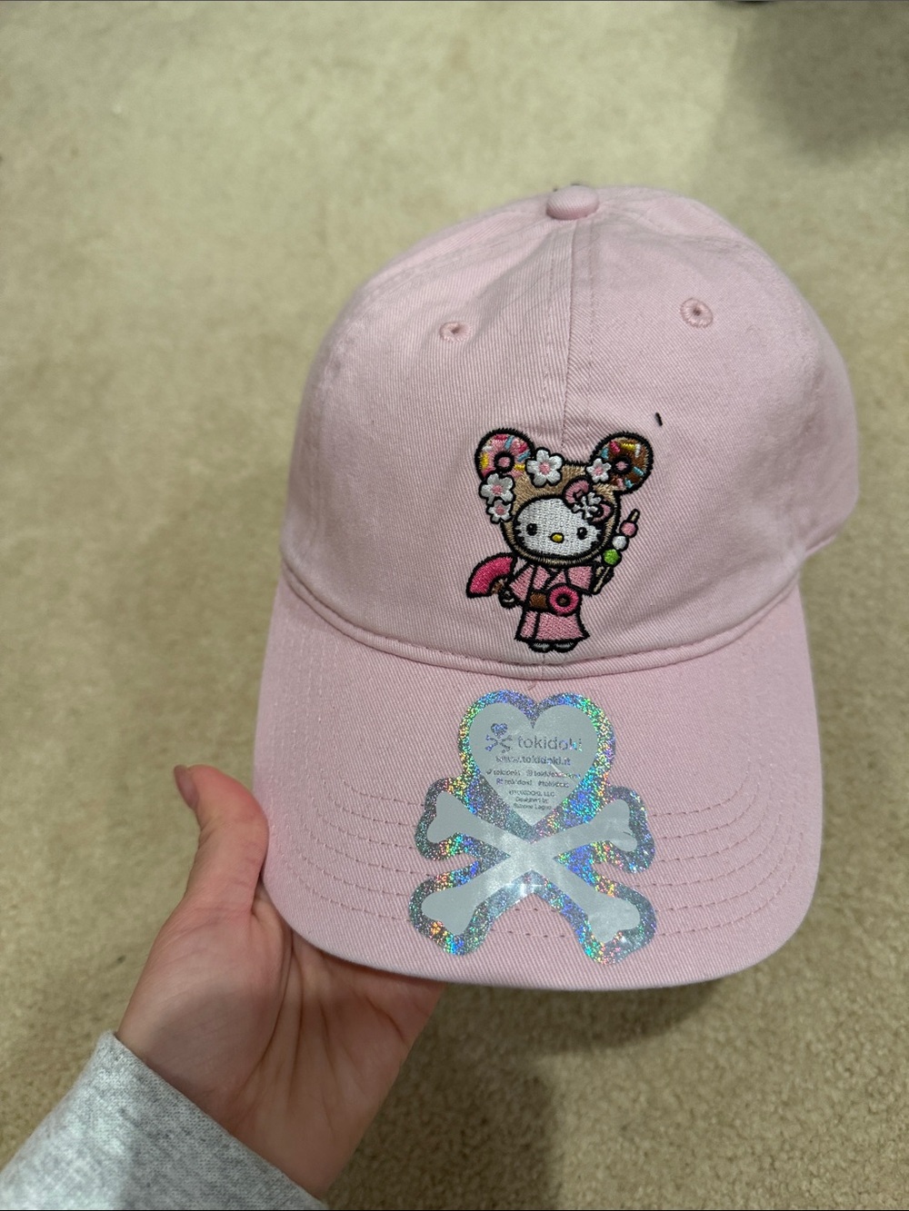 tokidoki Pink Hello Kitty-Inspired Embroidered Kids Cap with Holographic Skull